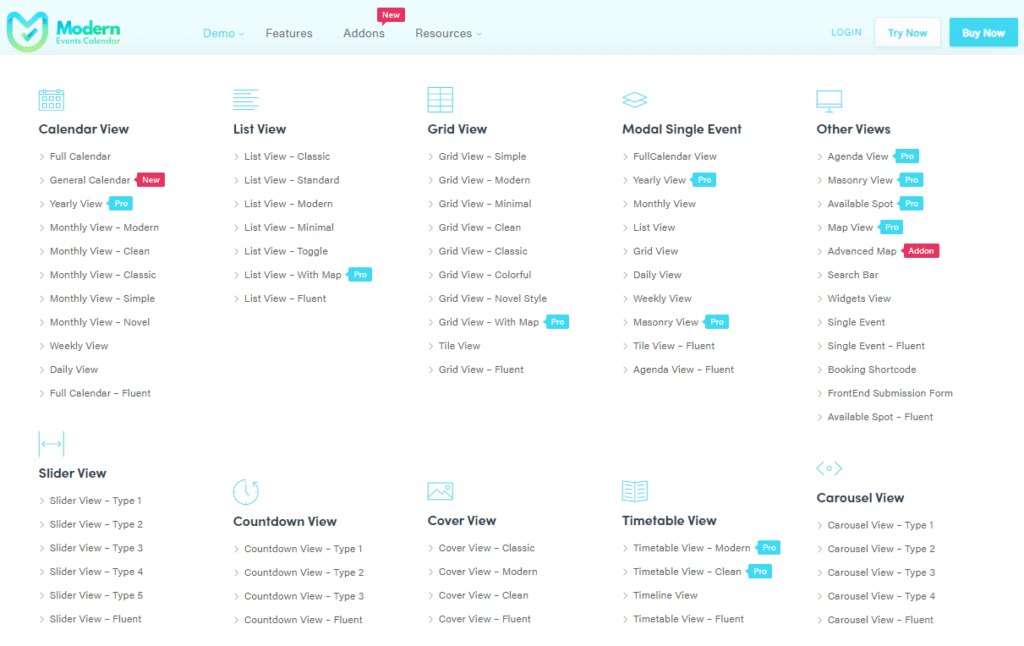 Modern Events Kalender Darstellungsmöglichkeiten