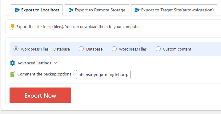 wpvivid-Website exportieren